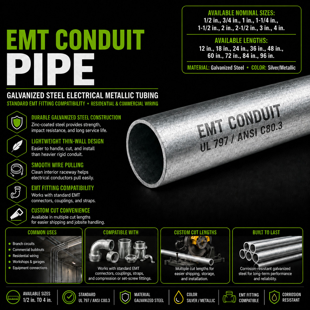 2″ Galvanized Steel EMT Conduit Pipe | Electrical Metallic Tubing