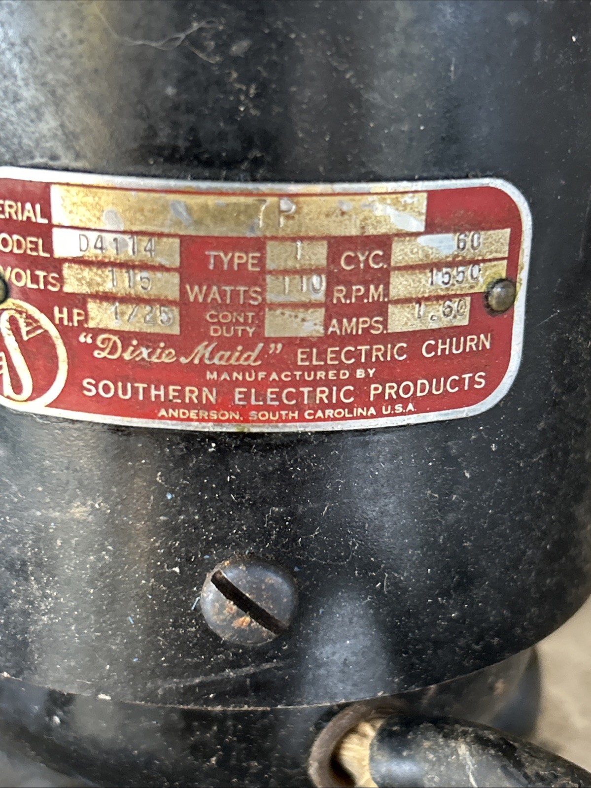 “DIXIE MAID” Electric Churn Motor(ONLY) Southern Electric Products. WORKS!