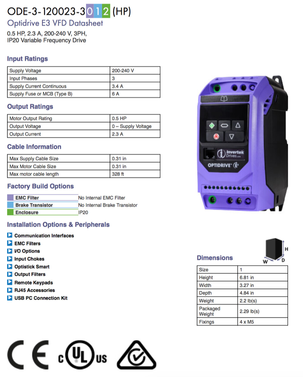 ODE-3-120023-3012 – Invertek VFD – 0.5HP 2.3A 200V-240V 3Ph/3Ph – VFDexchange
