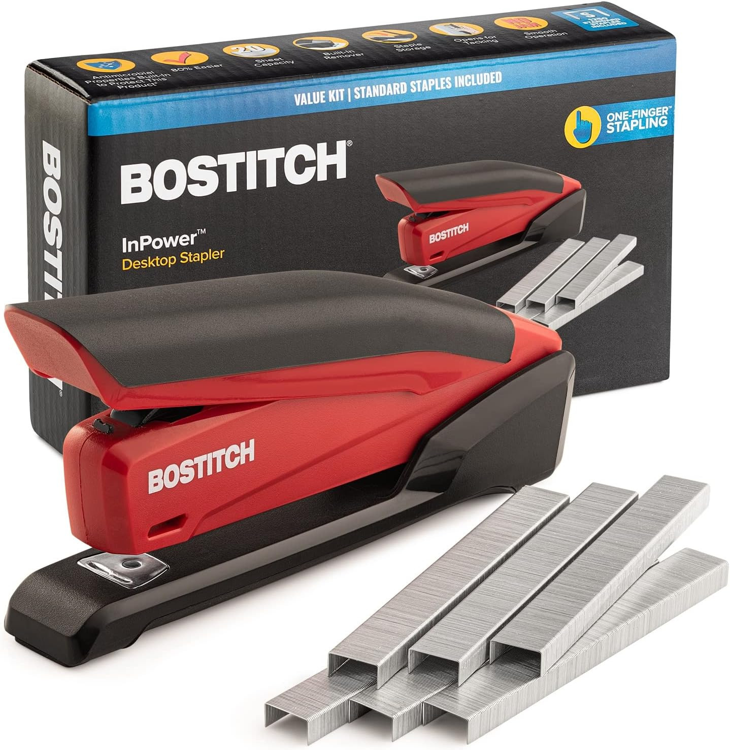 Stapler – Inpower, One Touch Heavy Duty Red Office Stapler | Stapler with Built