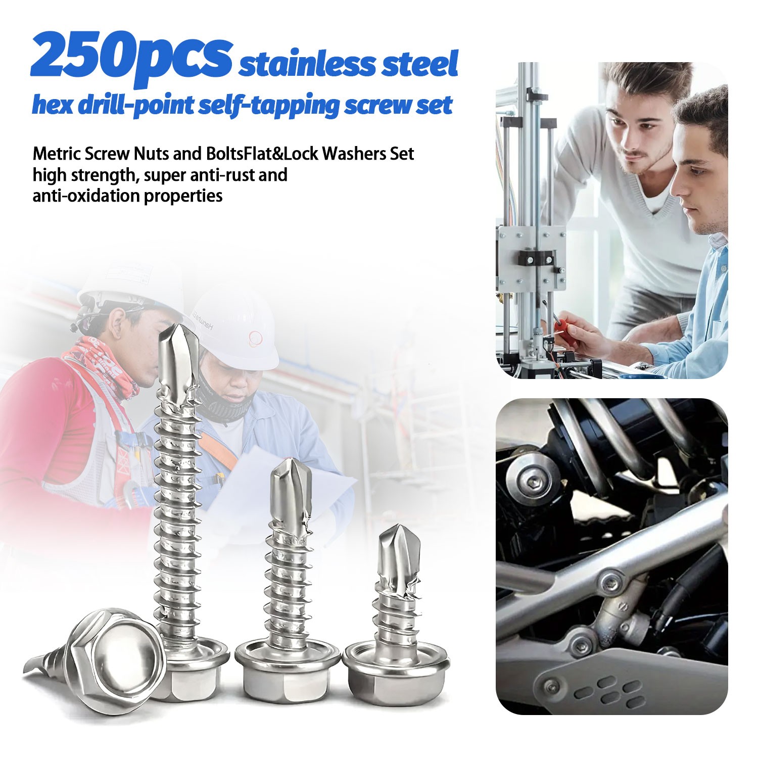 250Pcs Steel Self Drilling Tapping Screws-Hex-Washer Head Sheet Metal Assortment