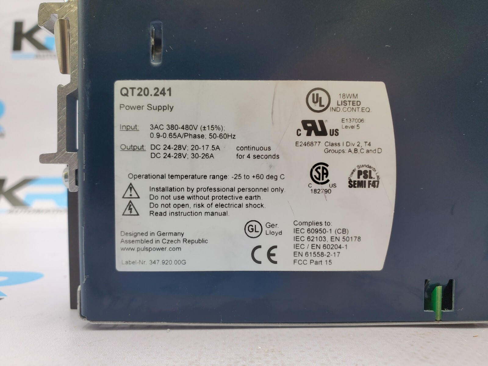 TESTED PULS QT20.241 Dimension DIN Rail Power Supply 480VAC 3Ph .9-.65A 480W