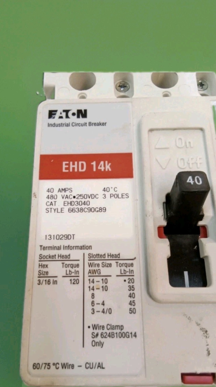 Eaton EHD3040 • 40A • 3 Pole • 480V AC / 250V DC • Molded Case Circuit Breaker