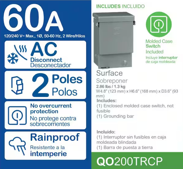 QO 60 Amp 240-Volt 7.4 kW Non-Fuse AC Disconnect(QO200TRCP) | Square D Switch