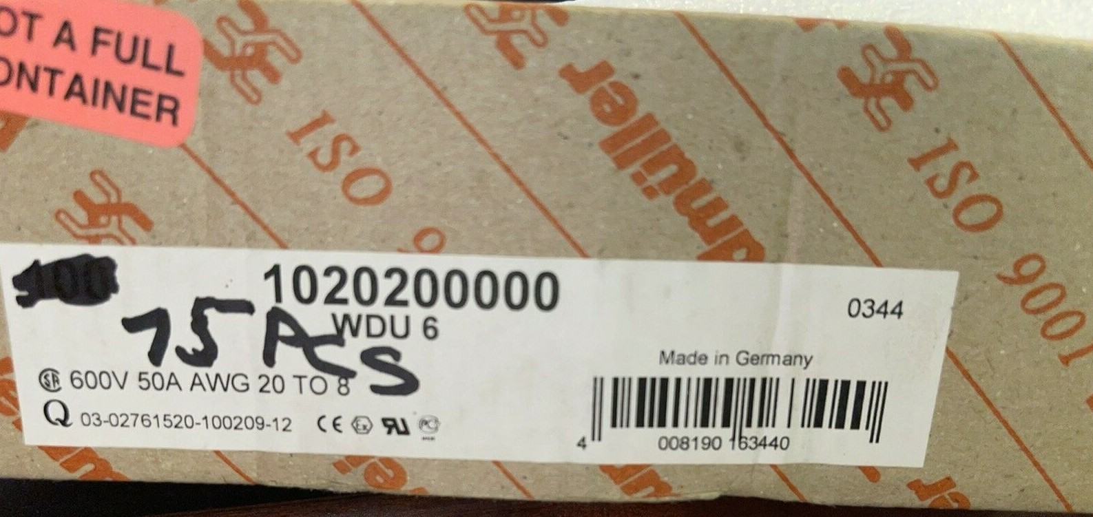 NEW! Weidmuller 1020200000 WDU 6 600V, 50A, AWG 20 to 8