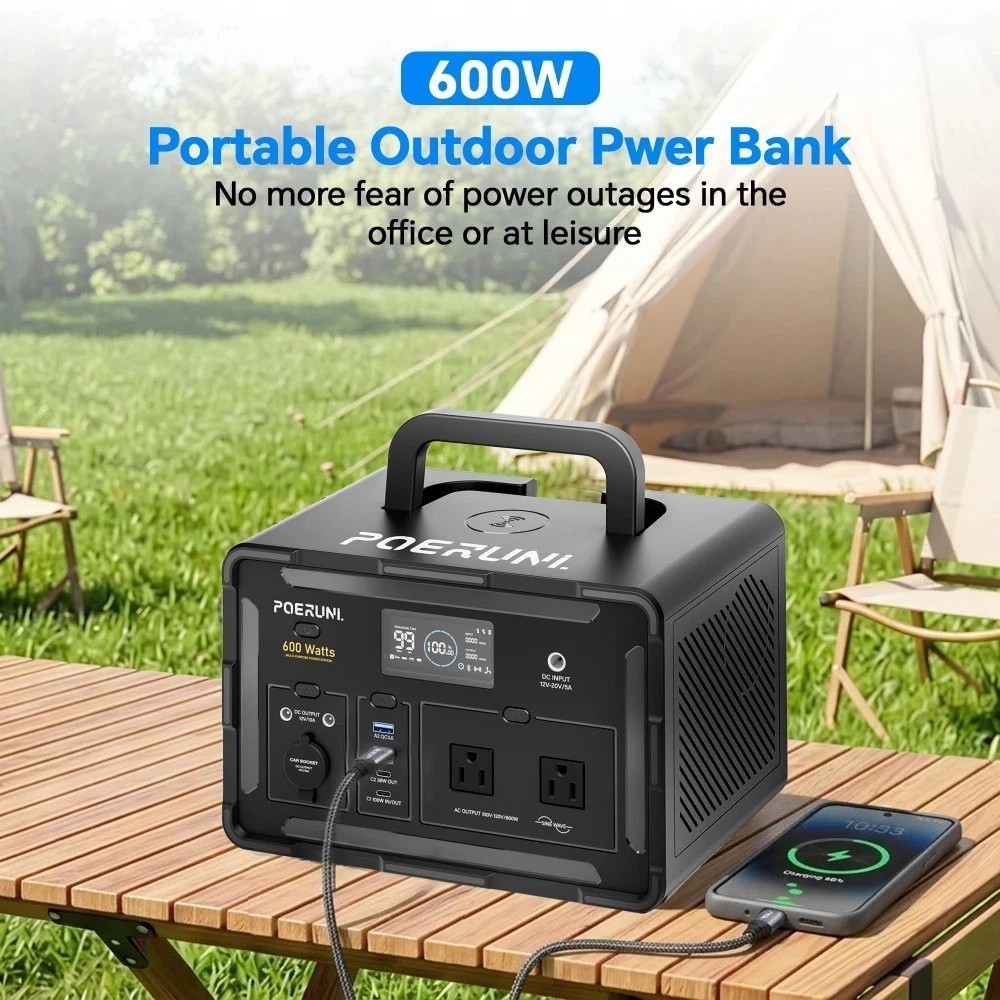 POERUNI 600W 519Wh Portable Power Station Solar Charger Generator for Back Up