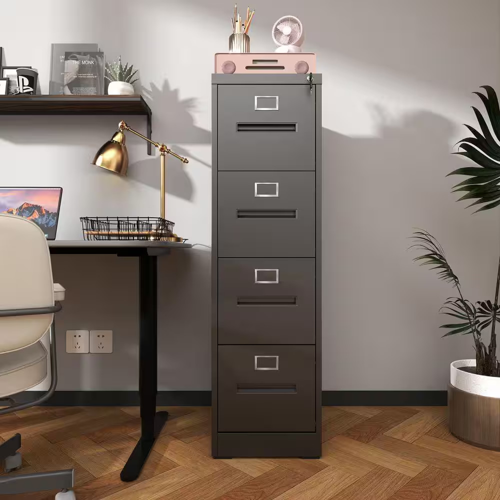 17.72 In. W 4 Drawer Steel File Cabinet with Lock, Black Filing Cabinets, Modern