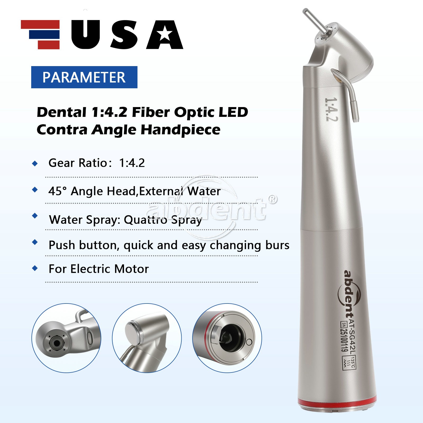 AbDent 1:4.2 45° LED Fiber Optic Contra Angle Handpiece External Water Spray