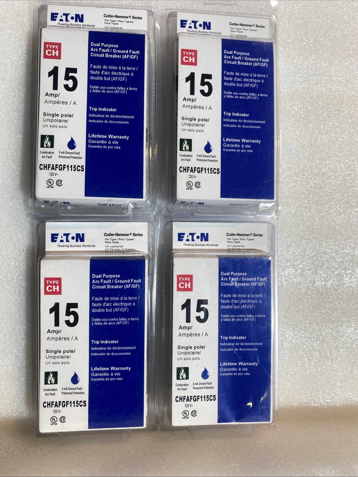 4 pack Eaton CHFAFGF115CS 1-Pole 15A ARC FAULT & GROUND Circuit Breaker lot 4