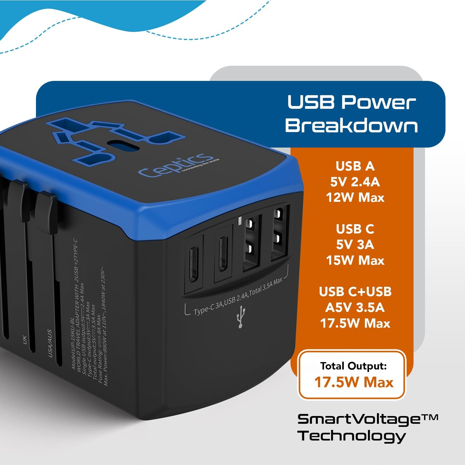 Ceptics Universal Travel Adapter, 5 in 1 Universal Laptop Charger with 2X USB…