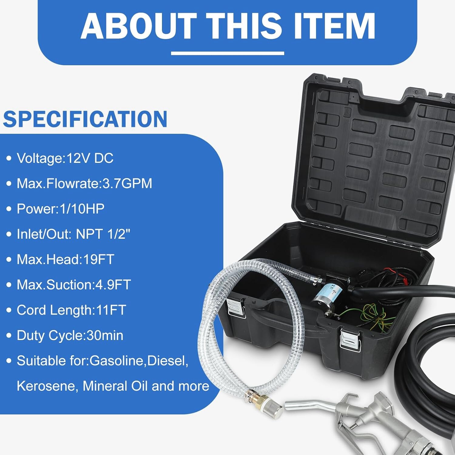 Portable Self-Priming 12V DC Electric Fuel Pump Manual Nozzle for Gas Diesel