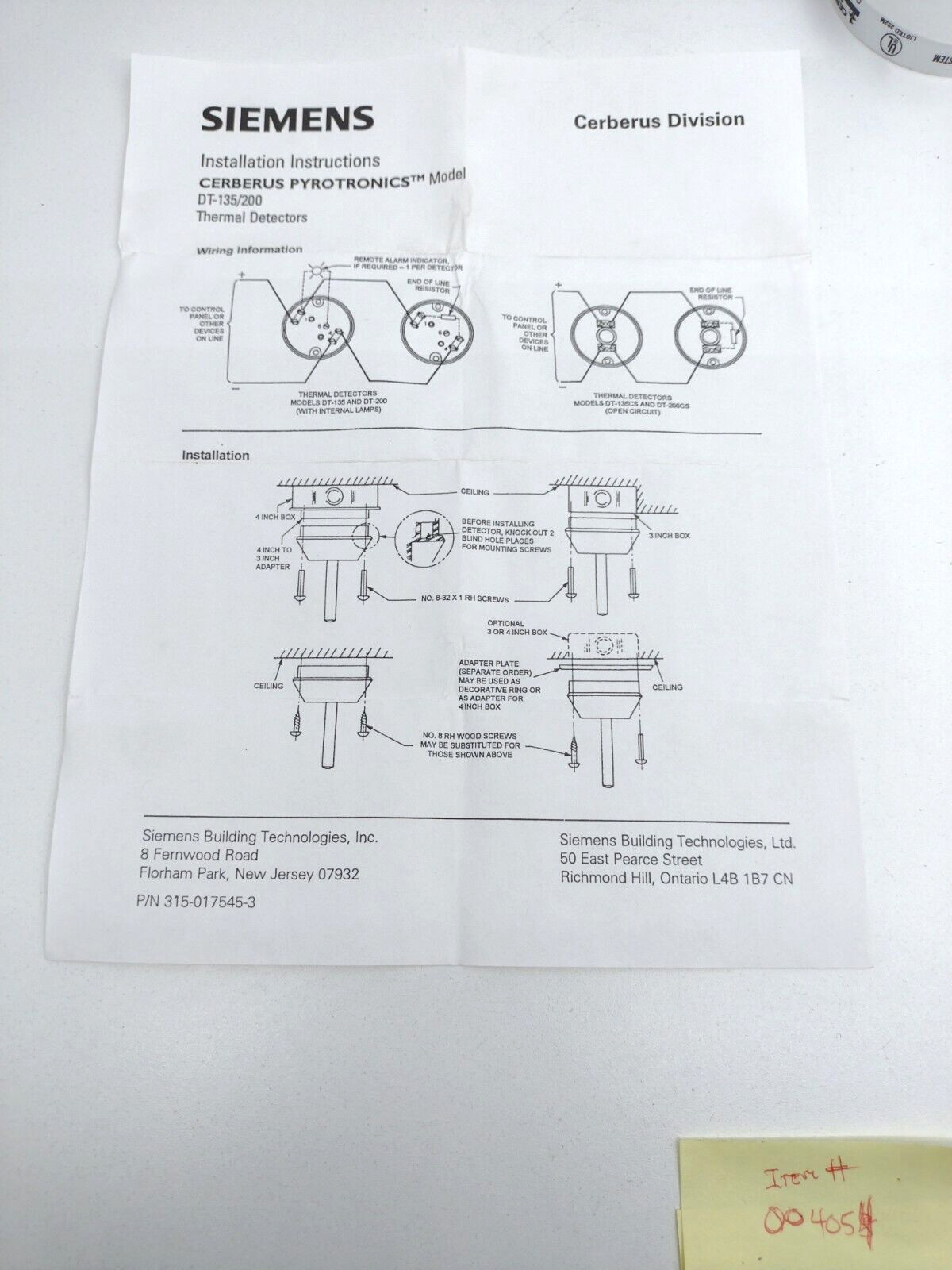 Siemens Cerberus Pyrotronics DT-200CS Thermal Detector Part #500-017586