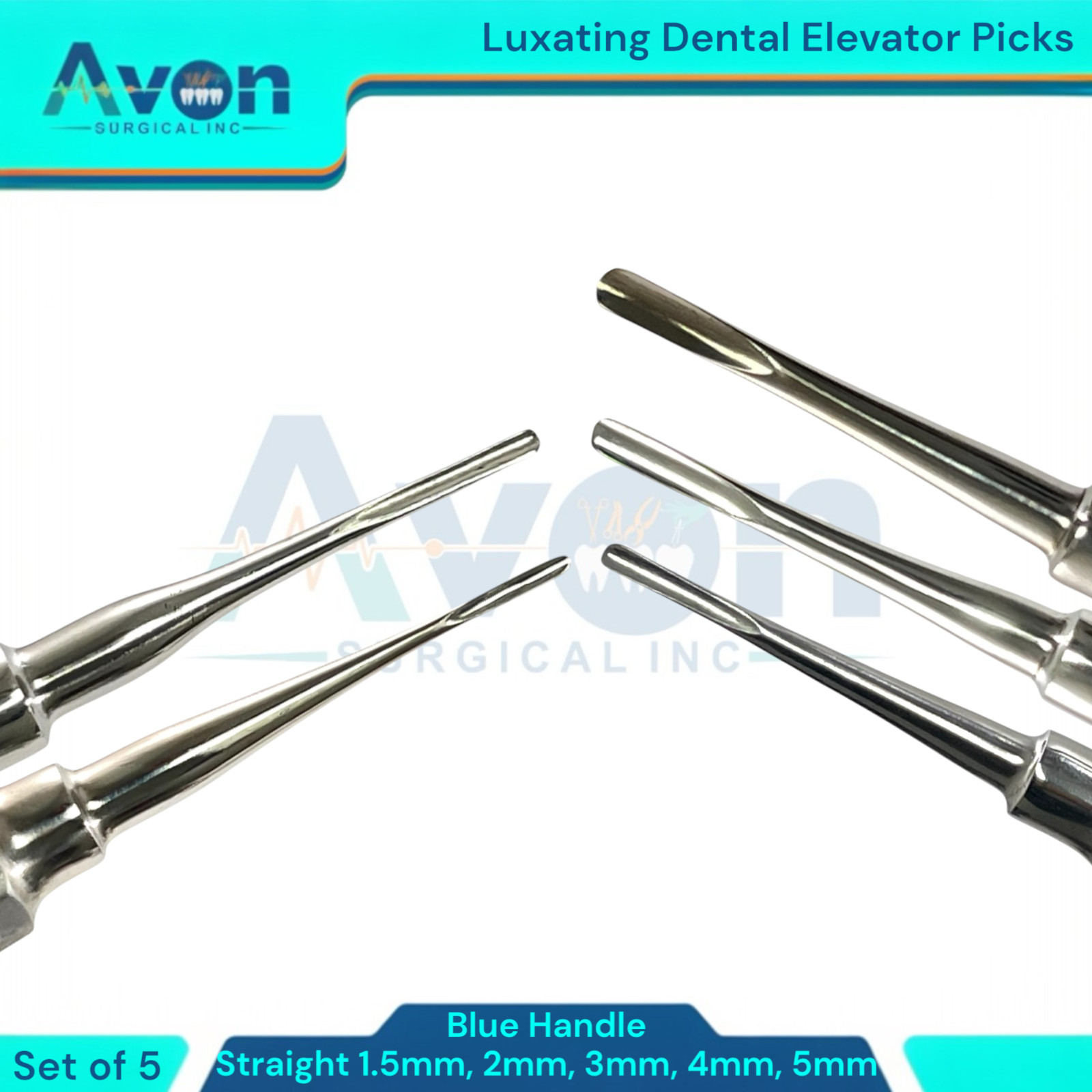 Dental Tooth Extraction Luxating Elevators, 1.5mm to 5mm, STR, German Steel(5PK)