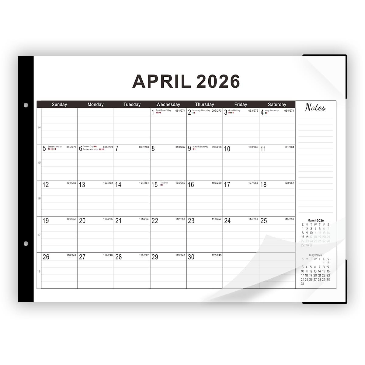 Desk calendar 2026-2027 22″x17″ paper(04/2026-10/2027) – 22″W x 17″H, Black