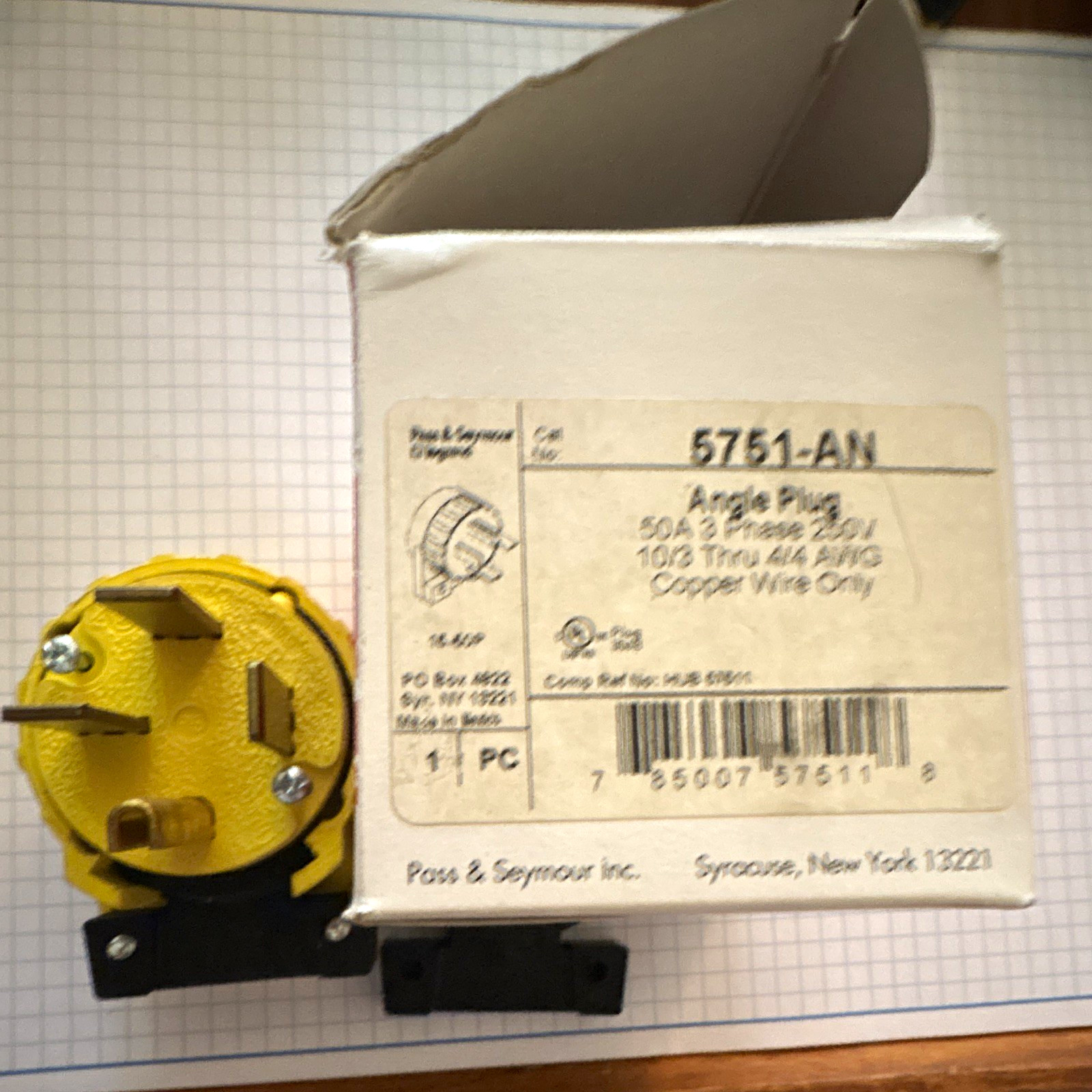 Pass & Seymour Type B Angle Plug 50A 125/250V Angled Connector Yellow/Black