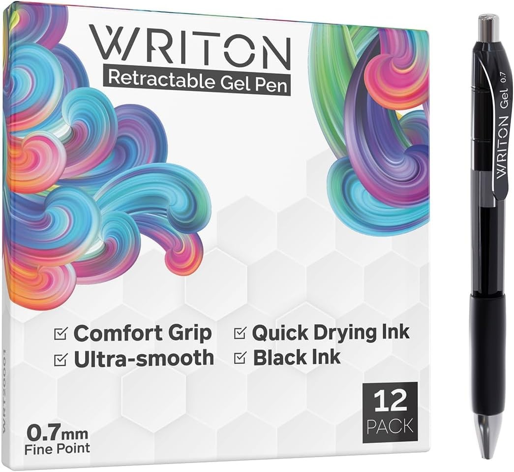 Writon Retractable Gel Pens, Comfort Grip, 0.7mm Fine Point, Black Ink, 12 Pack