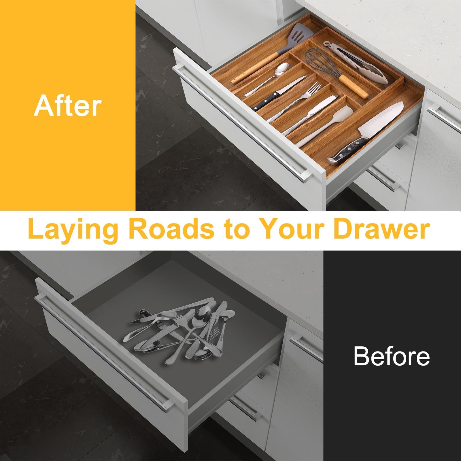 Large Premium Acacia Silverware Organizer – Expandable Drawer Organizer & Ute…