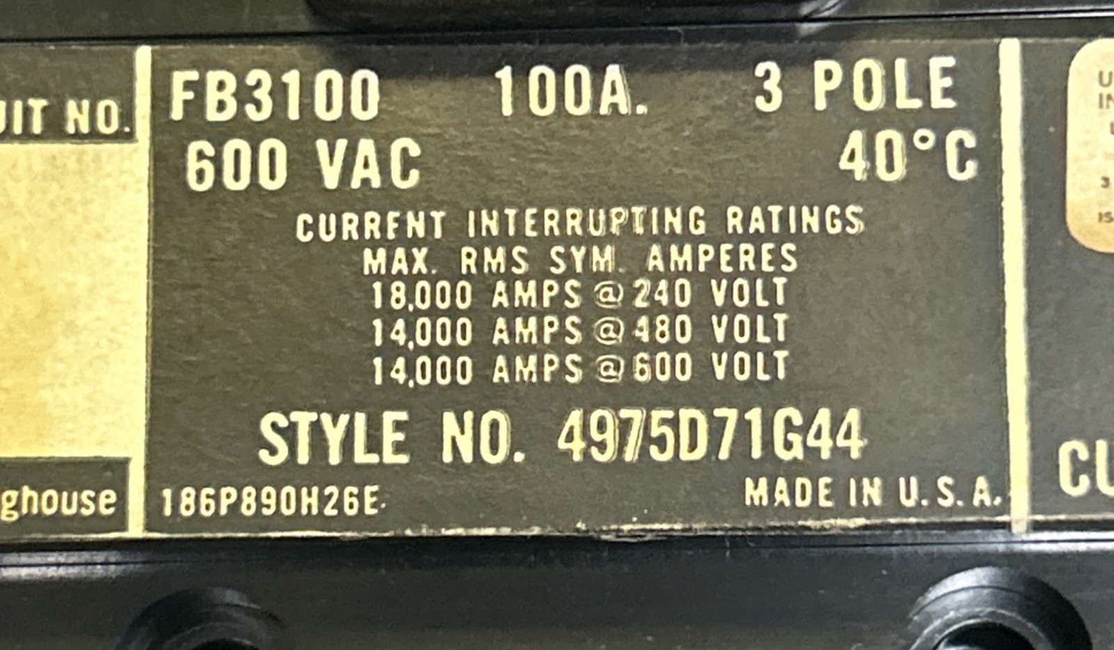 WESTINGHOUSE,FB3100,CIRCUIT BREAKER 100A 600V 3P
