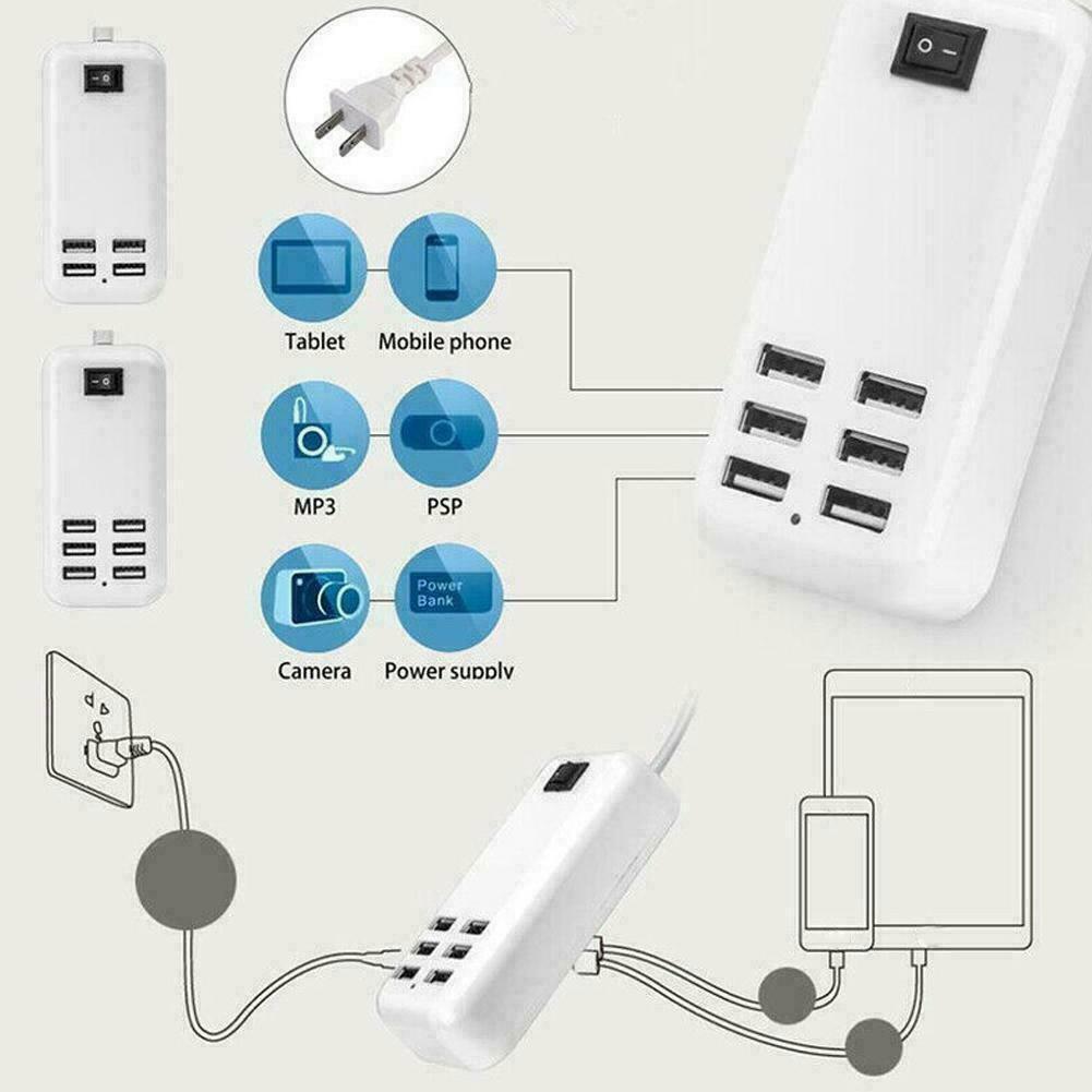 Multi 6 Port USB Hub Wall Charger Station Fast Charging Desktop AC Power Adapter