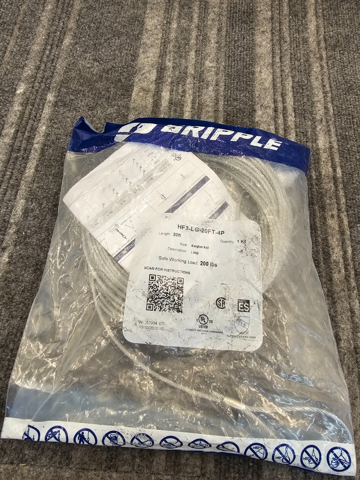 Gripple HF3-LG-20FT-4P 20-Foot Long Loop-End Hanger Galvanized Steel Wire Rope