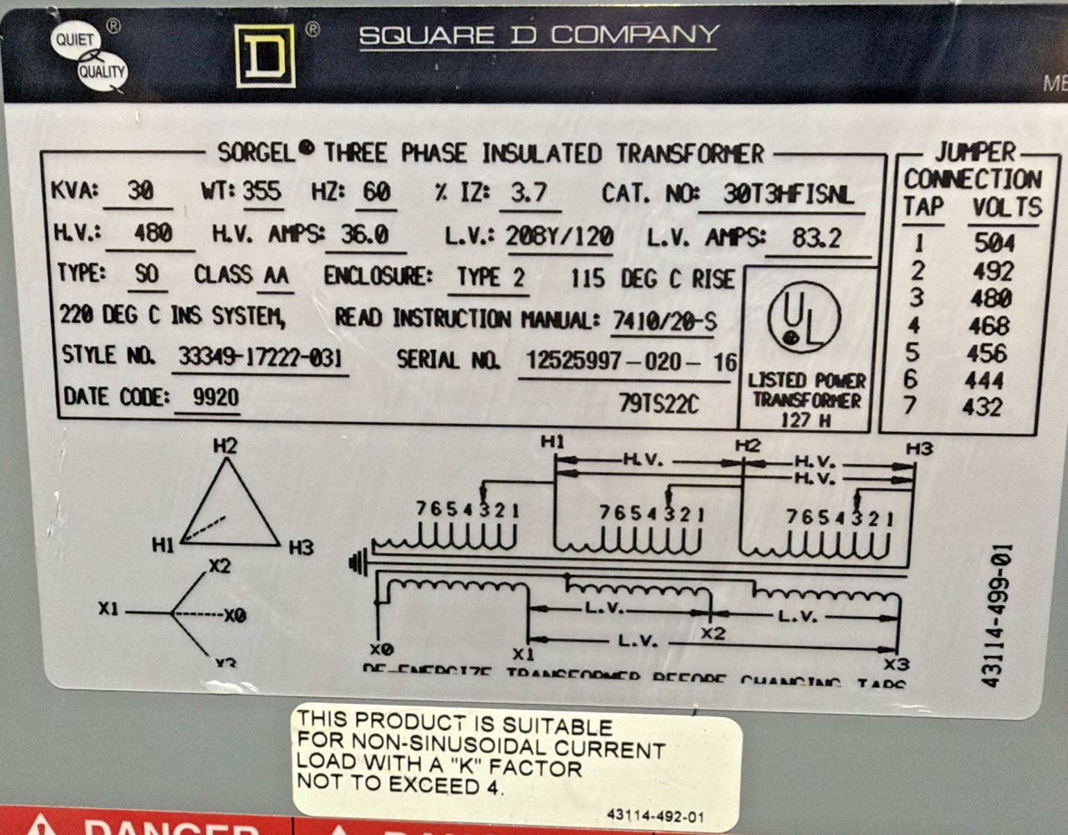 Square D 30kVA 480V Transformer 3PH 60HZ 208Y/120V 30T3HF1SNL 🟦