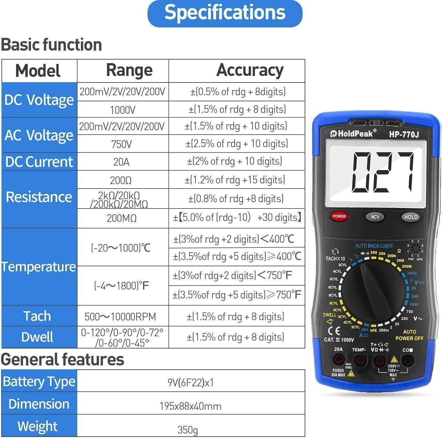 Multimeter NCV Engine Analyser AC DC Volt Ohm RPM Dwell Tacho Automotive Meter