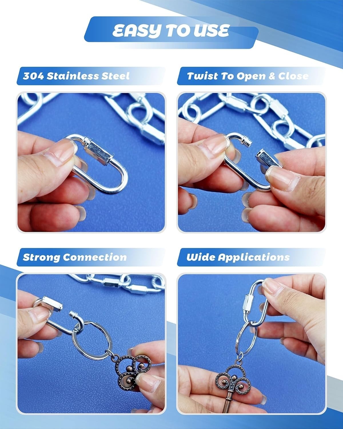 20 Pack 304 Stainless Steel M3.5 Chain Link 1/8 Inch D Shape Locking Quick New