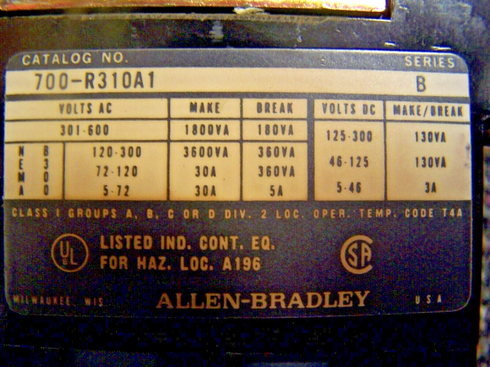😉 ALLEN BRADLEY 700-R310A1 ELECTRICALLY HELD RELAY 115/120V COIL 600V 1800VA