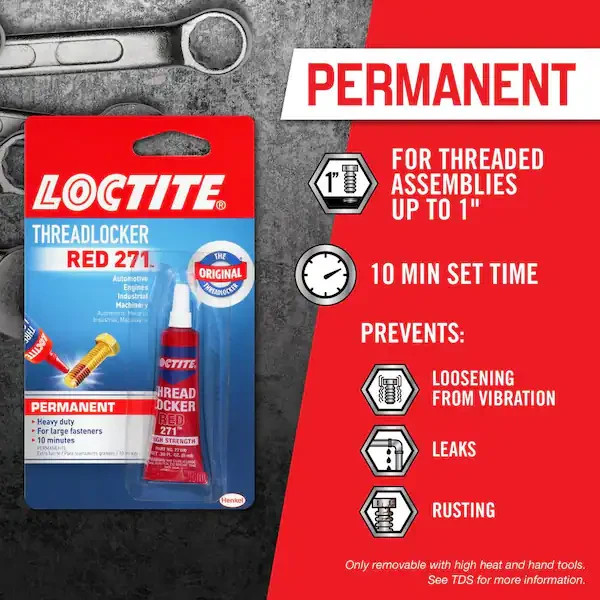 Loctite Nut & Bolt Threadlocker Red 271 Permanent Heavy Duty Adhesive, 6 ml