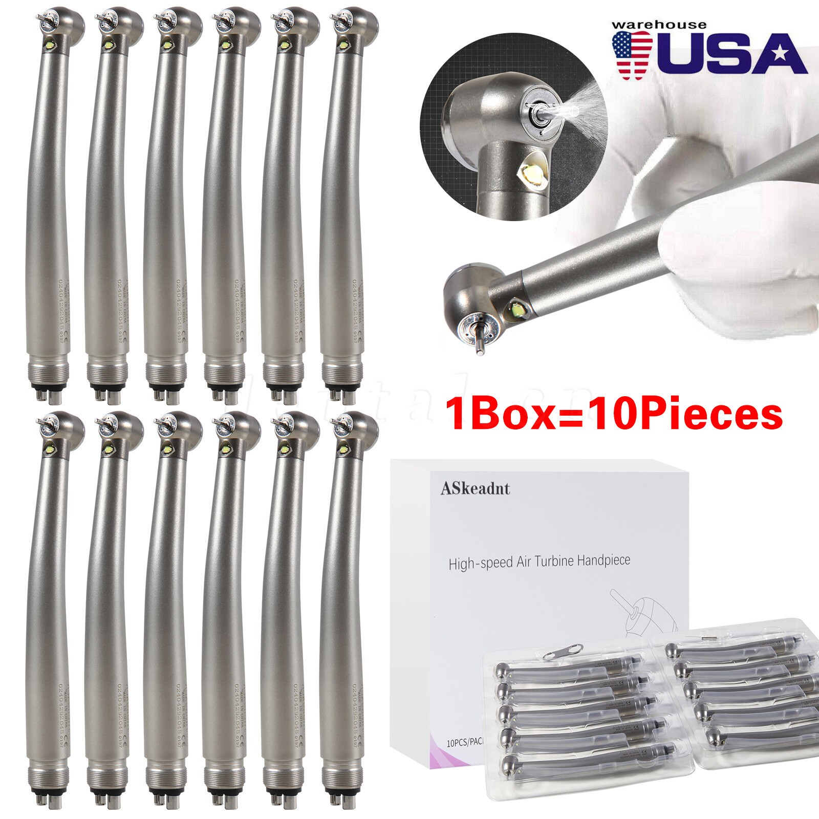 10 NSK Style Dental Hi Speed Handpiece Fiber Optic LED E-generator Turbine 4Hole