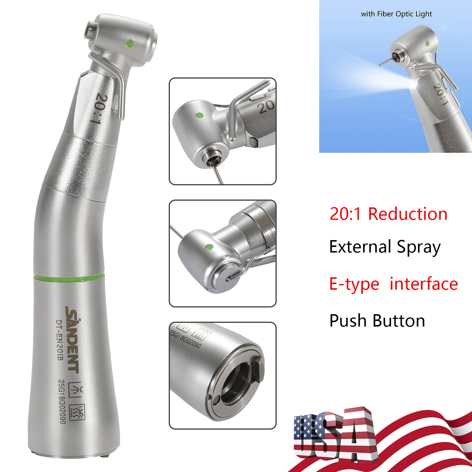 LED SANDENT 20:1 Contra Angle Fiber Optic Electric Handpiece External Spray