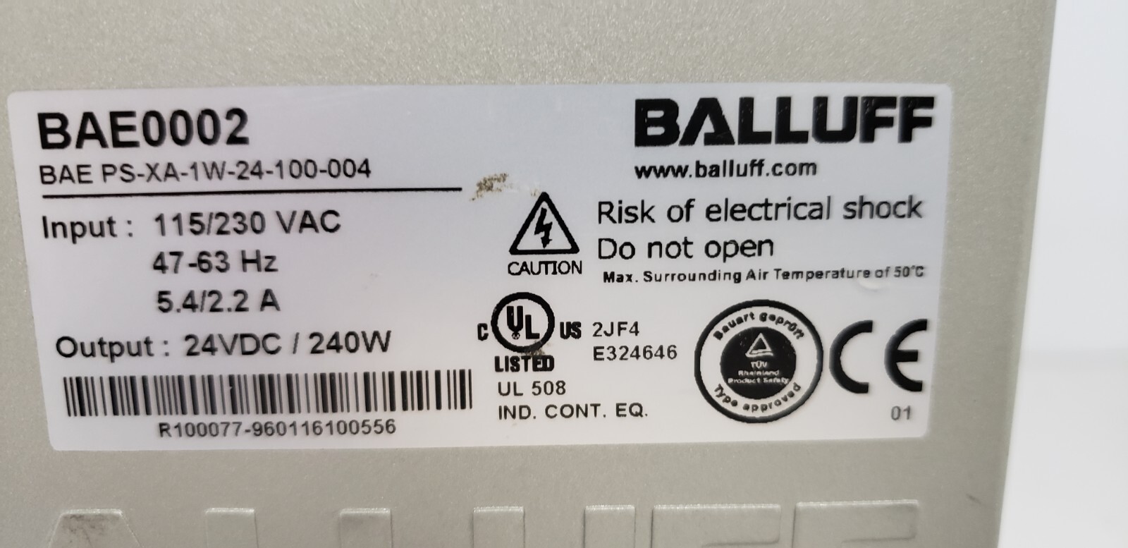BALLUFF BAE0002 POWER SUPPLY, 115/230VAC, 47-63Hz, 5.4/2.2A, 24VDC/240W