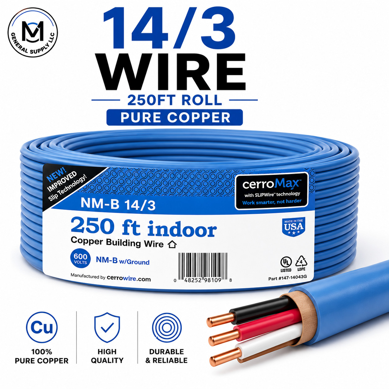 14/3 copper wire 250ft roll, different brands and colors for electricians