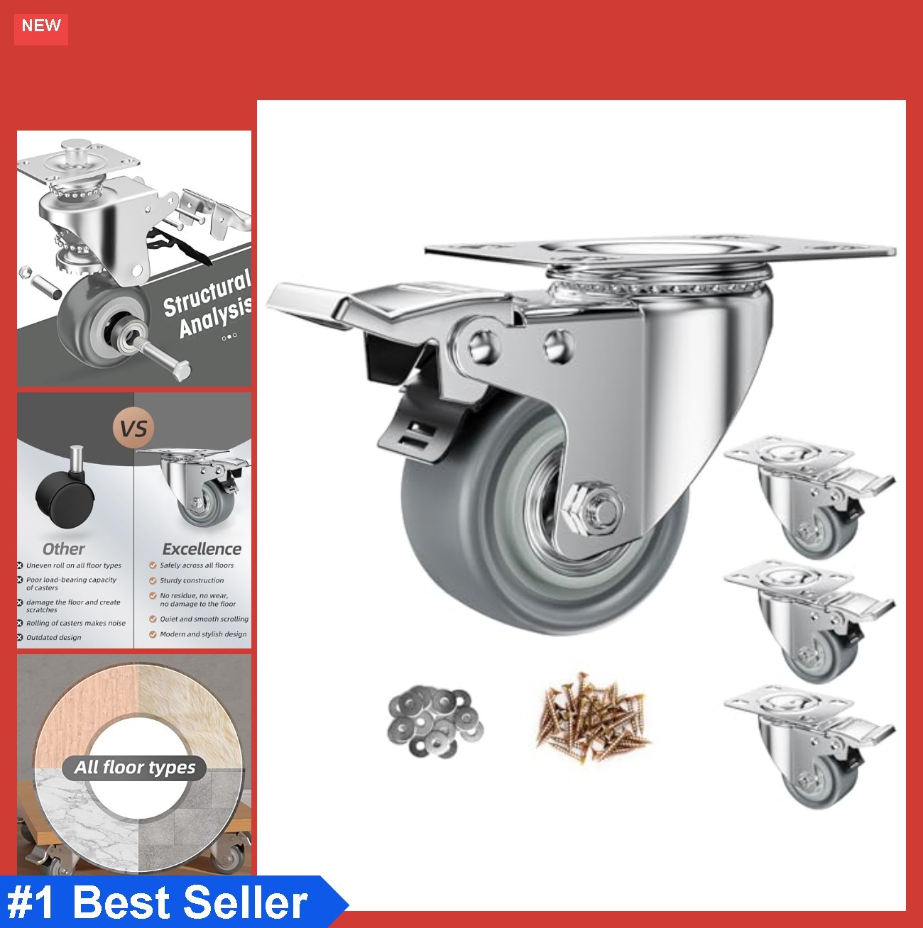 Swivel Plate Casters 4 Pack with Brake 400lb Capacity TPR Wheels Floor Safe for