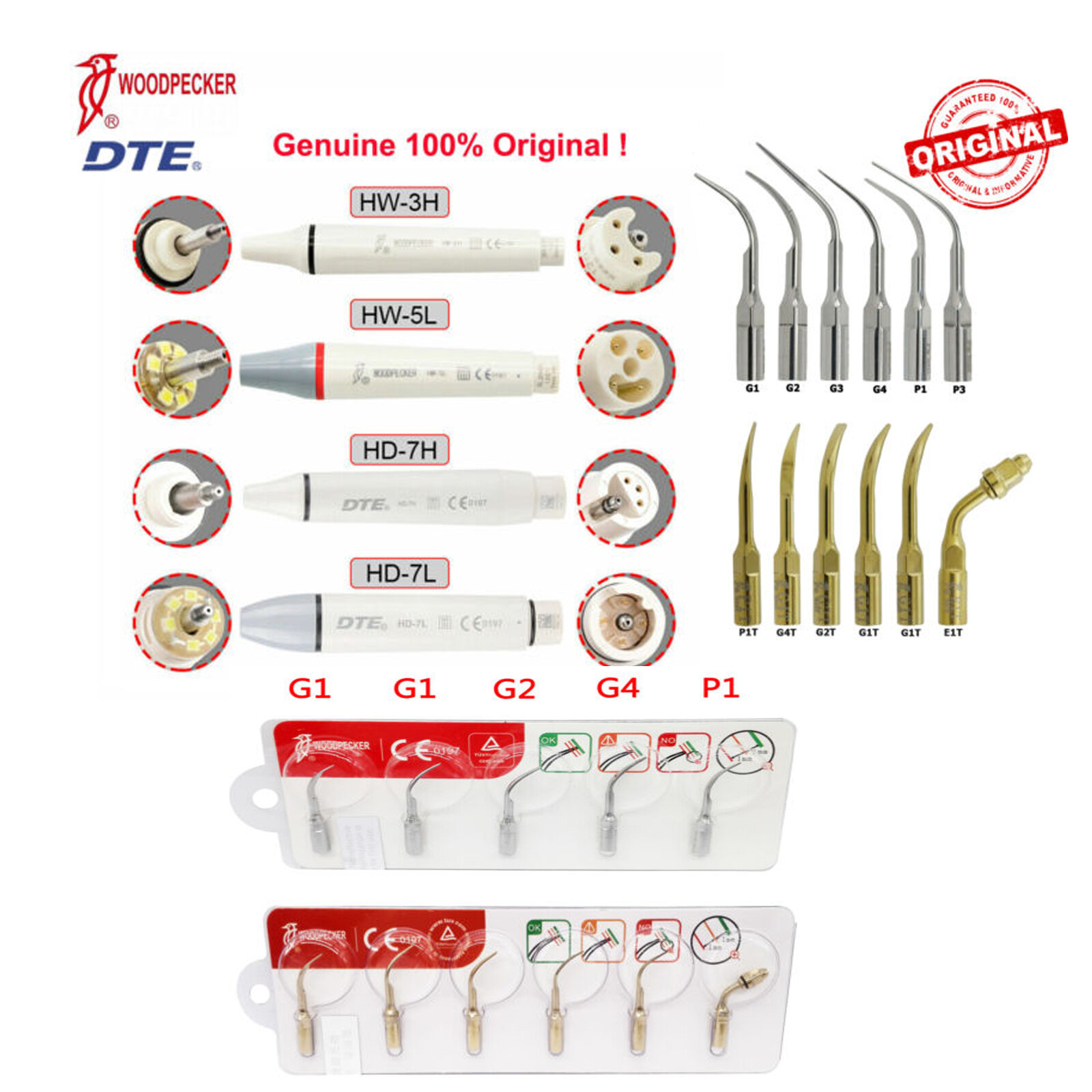 Woodpecker DTE Dental Ultrasonic Piezo Scaler Handpiece Tips HD-7L HW-5L HW-3H
