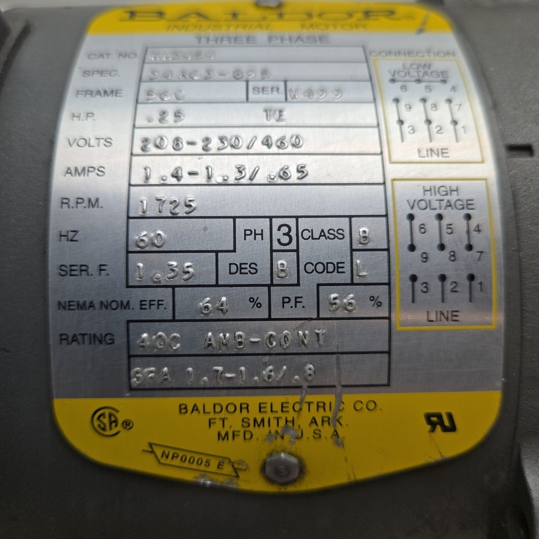 Baldor KM3454 Industrial Electric Motor 1/4 Hp 1725 Rpm 230/460 Volt 3Ph 56C Fra