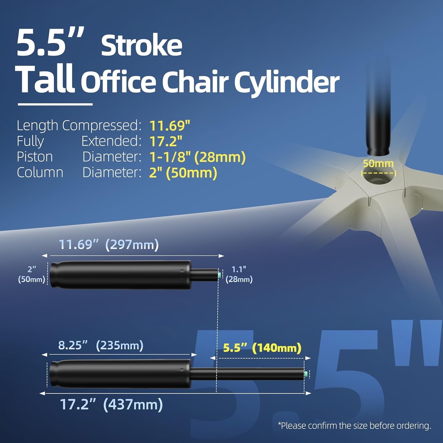 Durable Black Office Chair Cylinder Replacement – 1000 lbs Capacity, No Tools