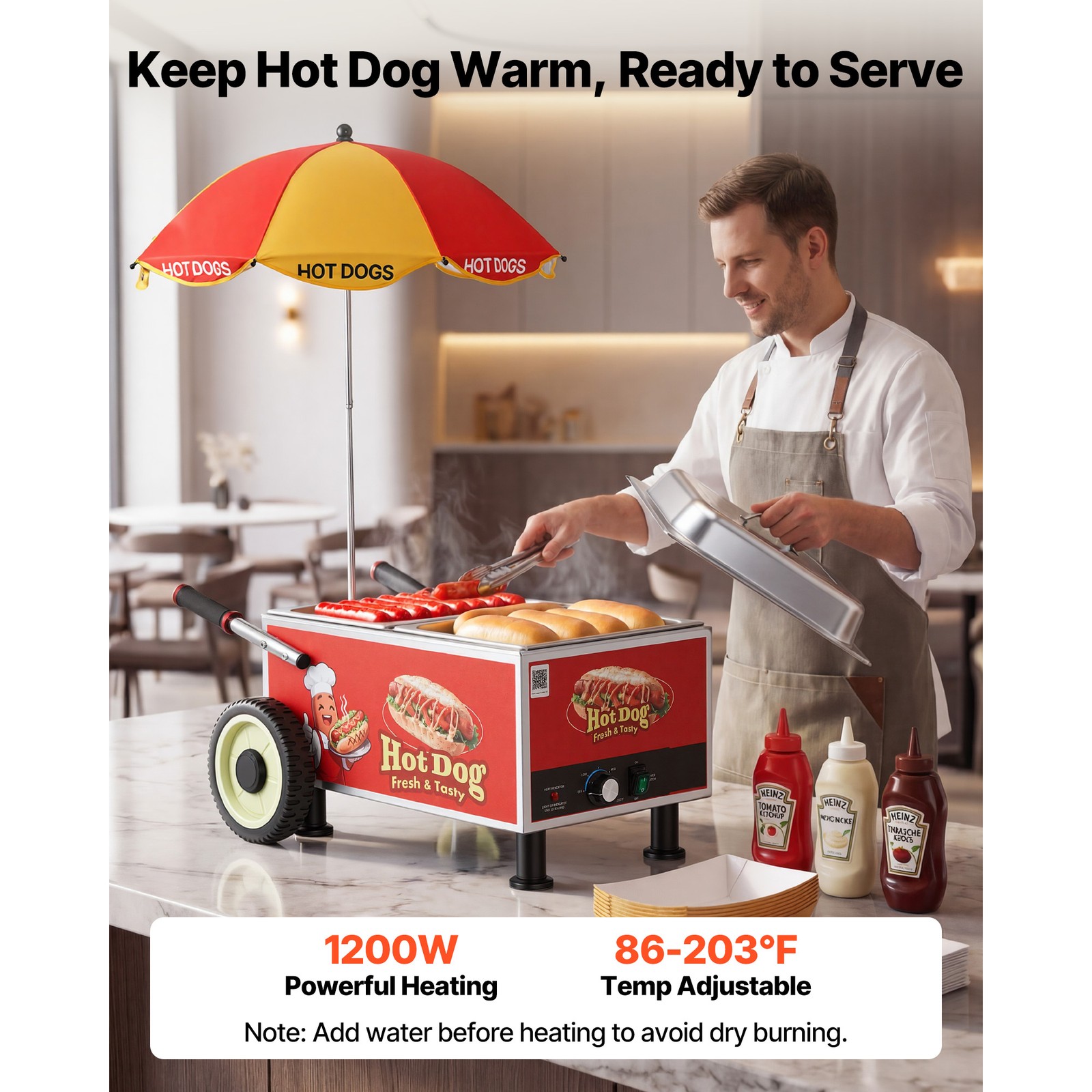 Uimoso Electric Hot Dog Steamer Cart 1200W with Adjustable Temperature 86-203°F