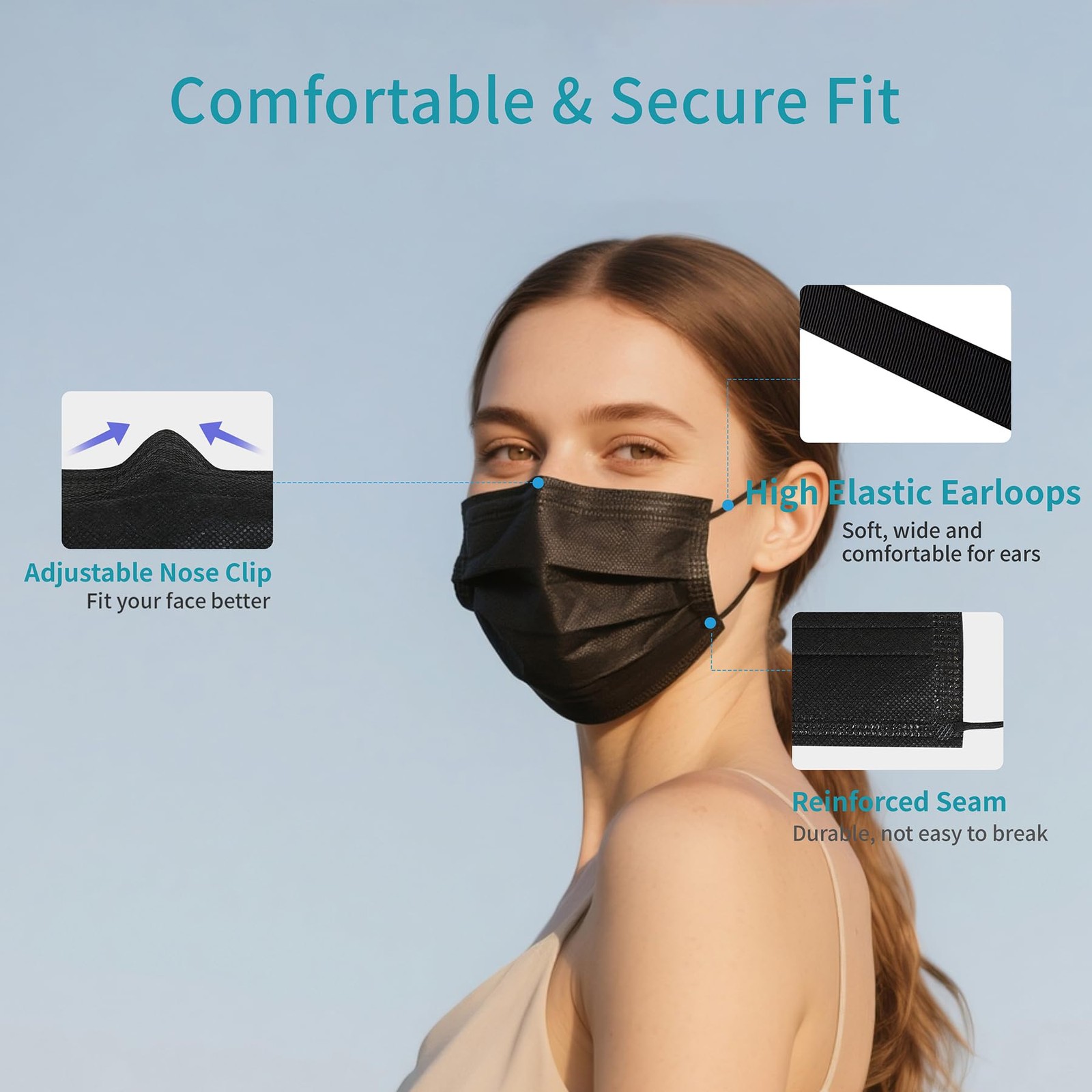 100Pcs Disposable Face Masks, Black Face Mask, 3 Ply Disposable Mask