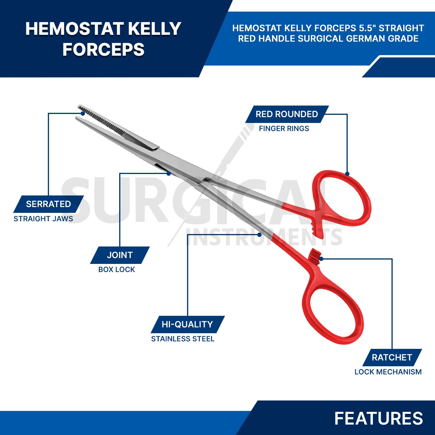 RED – 6 Pcs Kelly Hemostat Forceps 5.5″ Straight Surgical Dental German Grade
