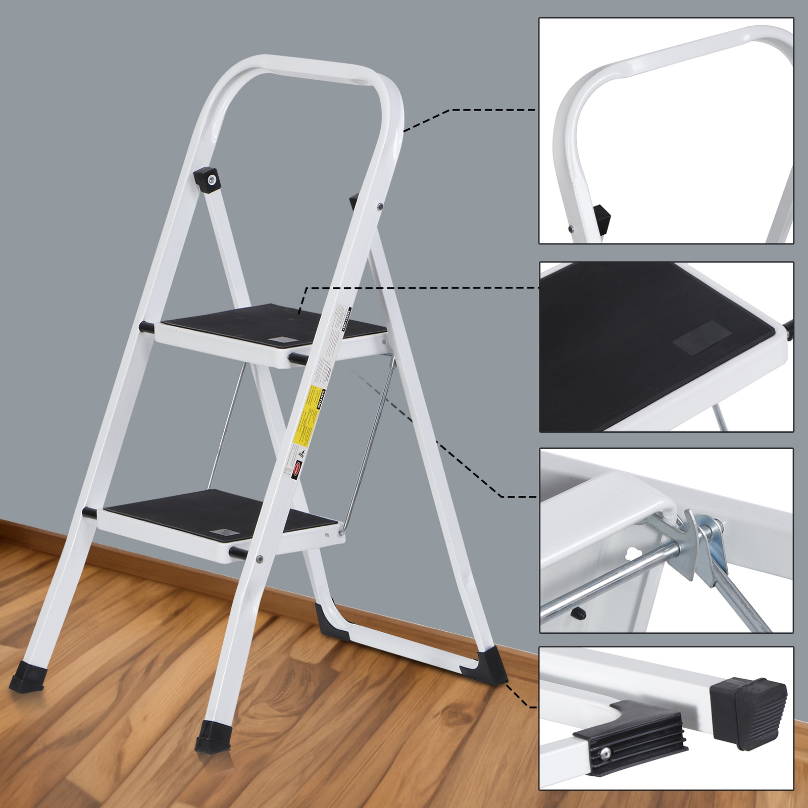 2 Step Ladder Folding Steel Step Stool Wide Anti-slip Pedal 350Lb Capacity White