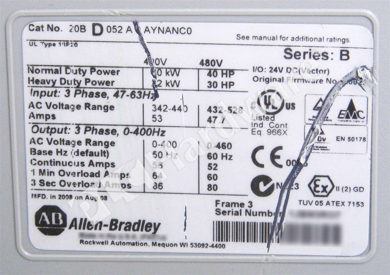 Allen Bradley 20BD052A0AYNANC0 Ser B PowerFlex 700 480V 3-Ph 52A 40HP AC Drive