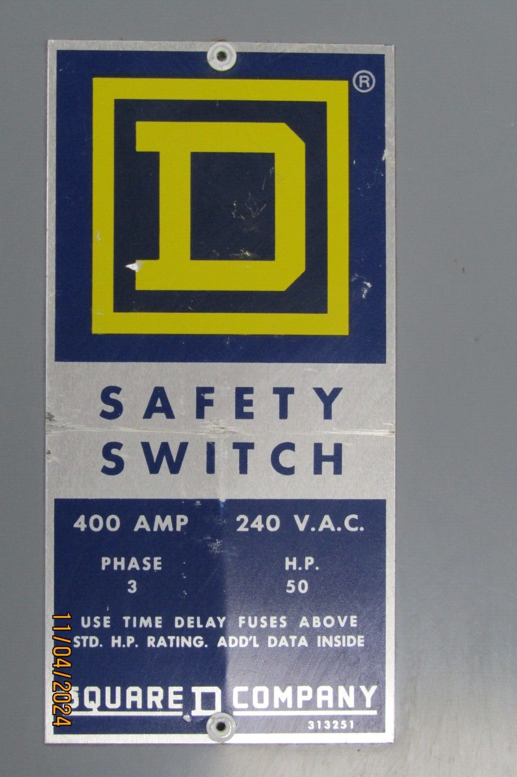 😏 SQUARE D 400 AMP FUSED SAFETY SWITCH 240 VAC 125 HP MAX 3Ø D325N