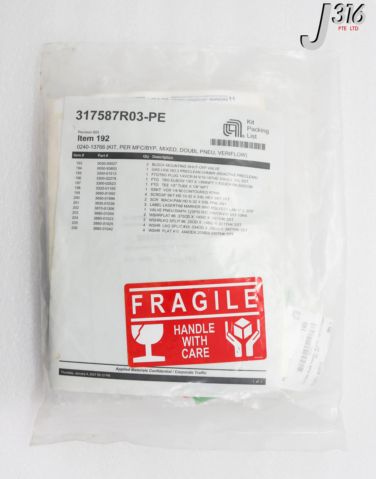 C1809 APPLIED MATERIALS KIT, PER MFC/BYP, MIXED, DOUBL PNEU, VERIFLOW 0240-13766