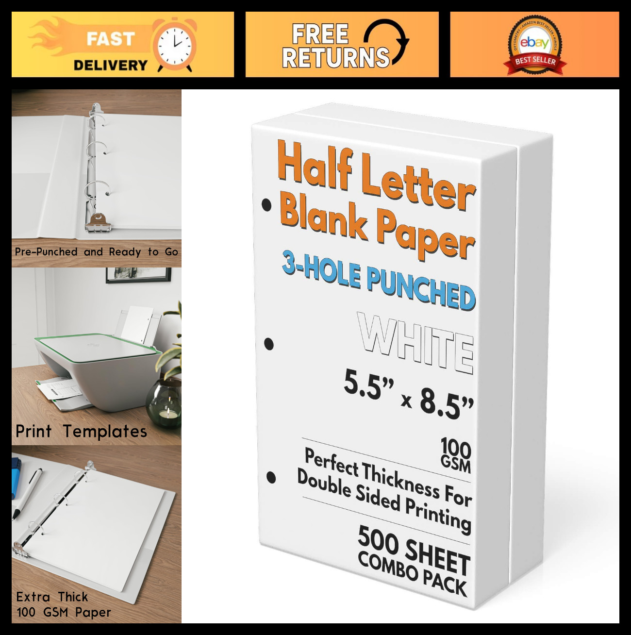 Half Letter Blank Paper 3-Hole Punched 500 Sheets 100 GSM Binder Refill 5.5″x8.5
