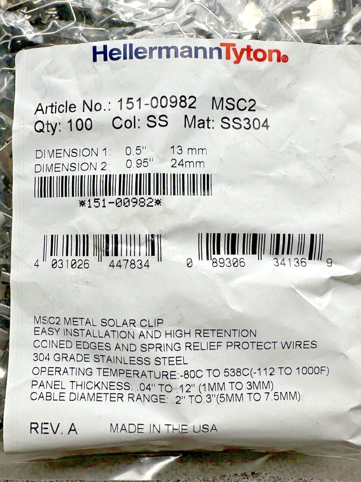 New Sealed Bag of 100 Hellermann Tyton MSC2 304 Stainless Solar Clips 151-00982