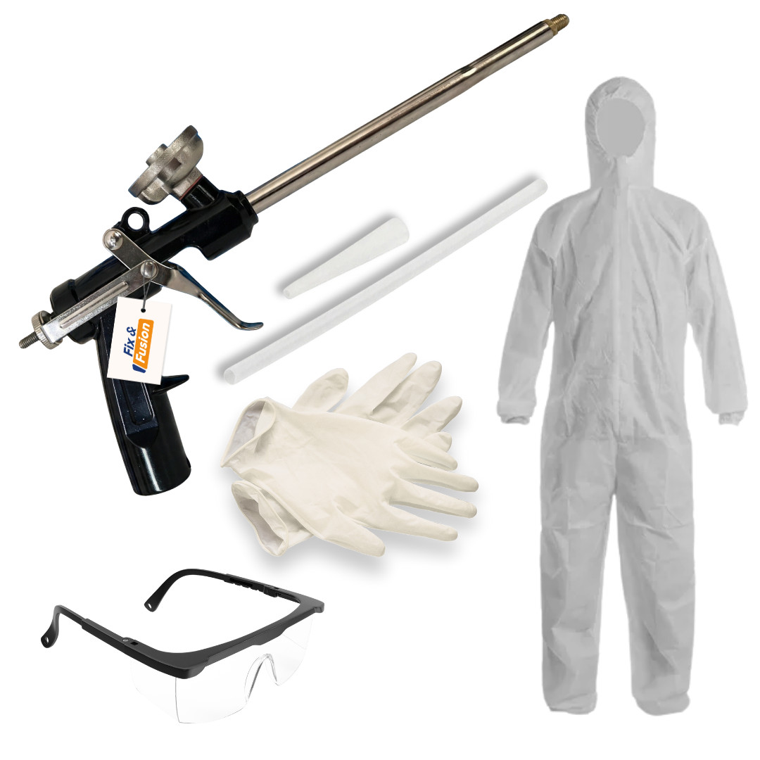 Fix & Fusion Spray Foam Gun Kit – w/ Cleaner, Nozzles, Body Suit, Gloves, Goggle
