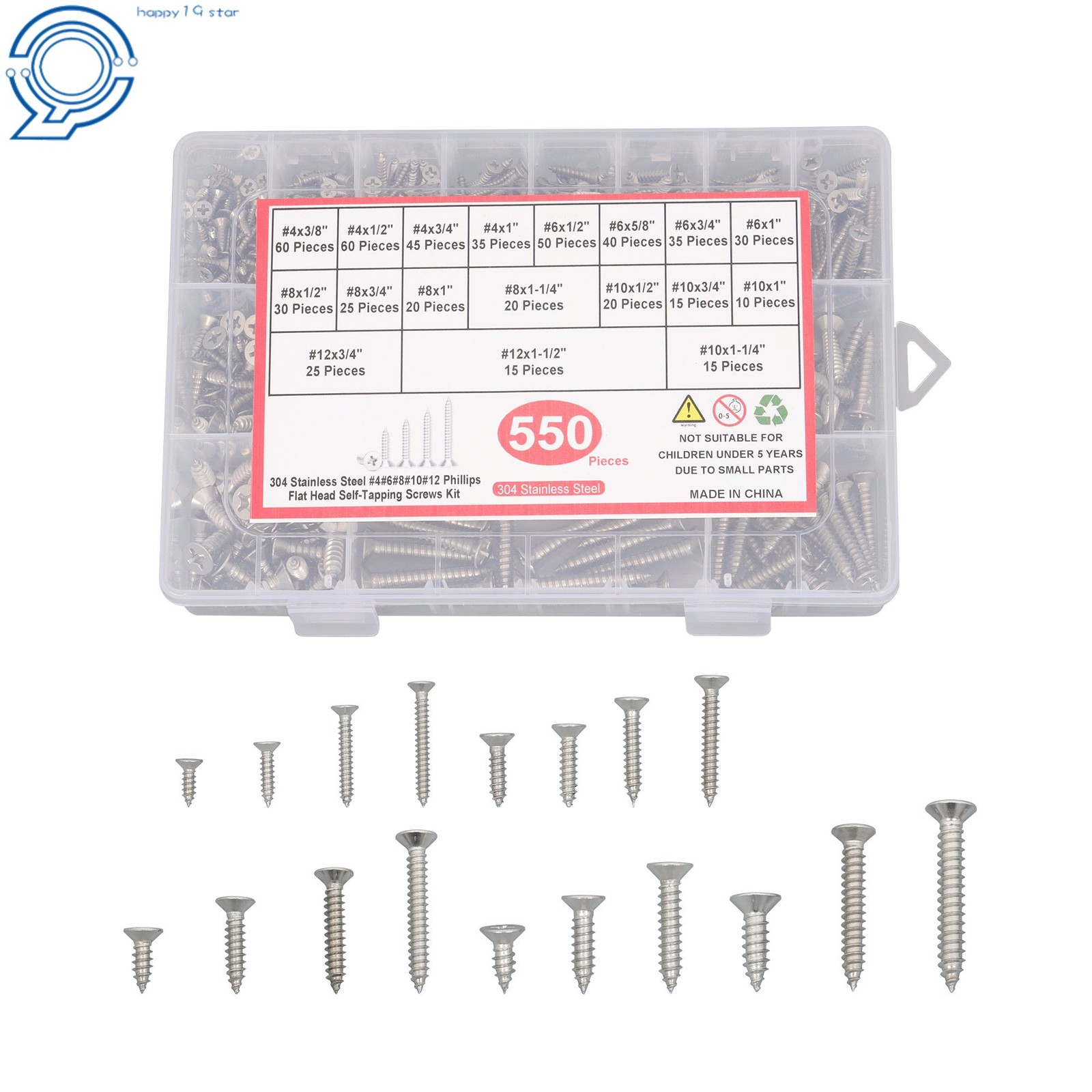 Phillips Flat Head Sheet Metal Screws, 550Piece 304 Stainless Steel Assortment