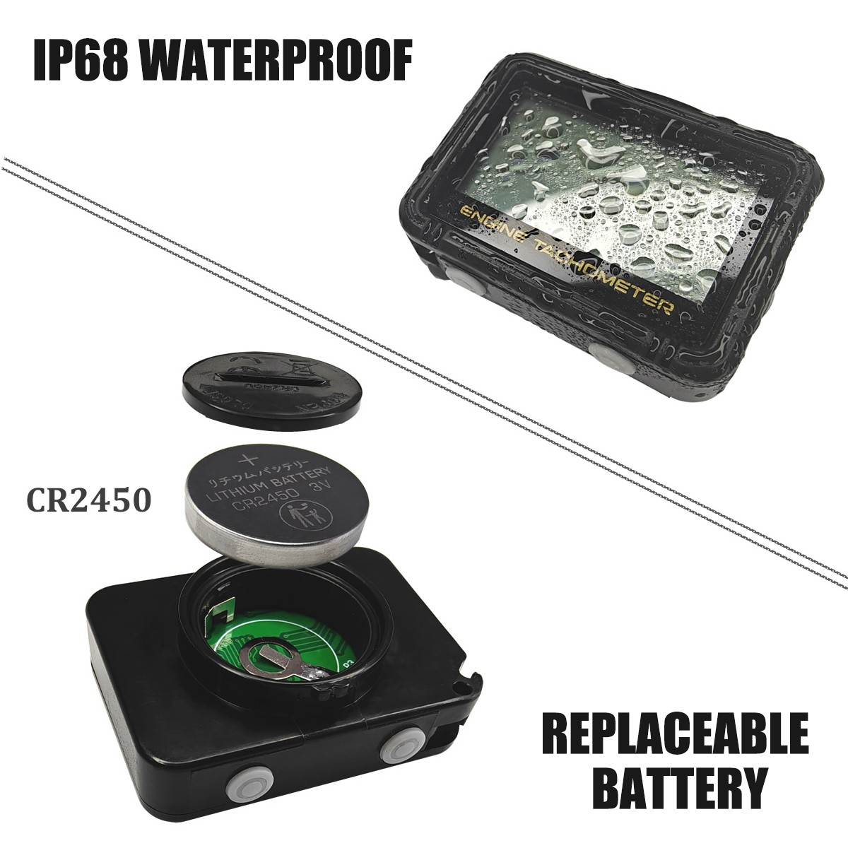 Digital Tachometer Hour Meter Waterproof IP68 RPM Alert 0-18000 LCD Backlight