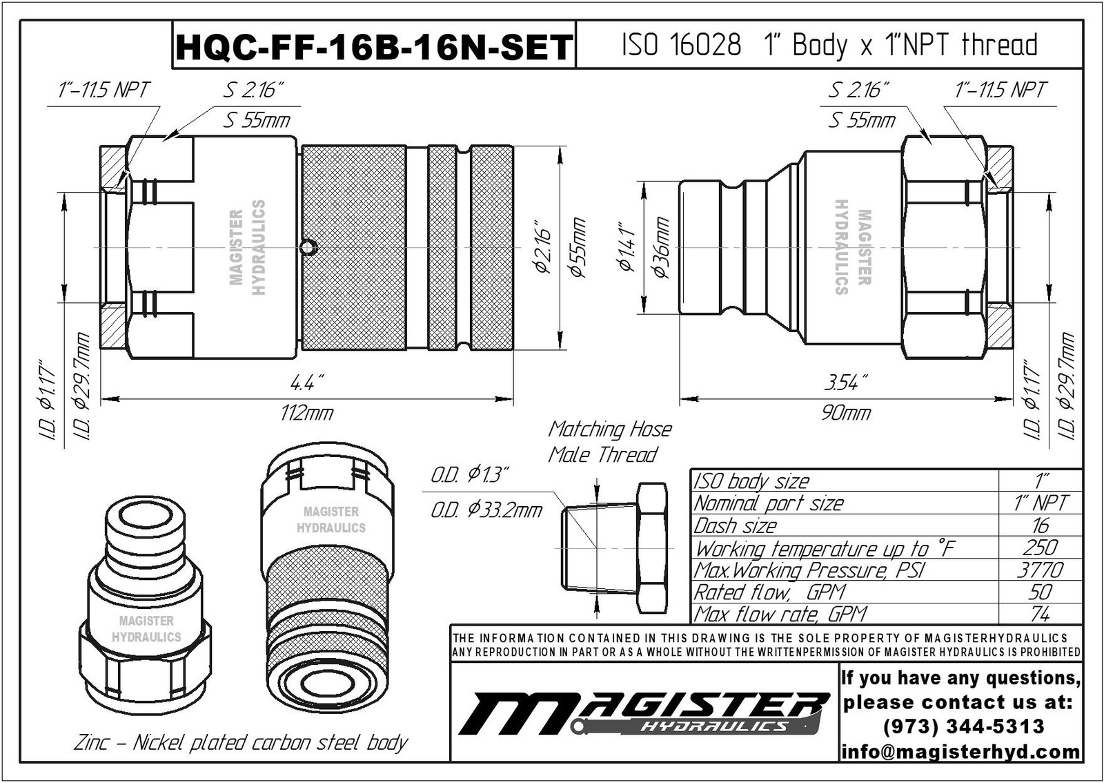 1″ Flat Face Hydraulic Quick Couplers Set – 1″ NPT Thread
